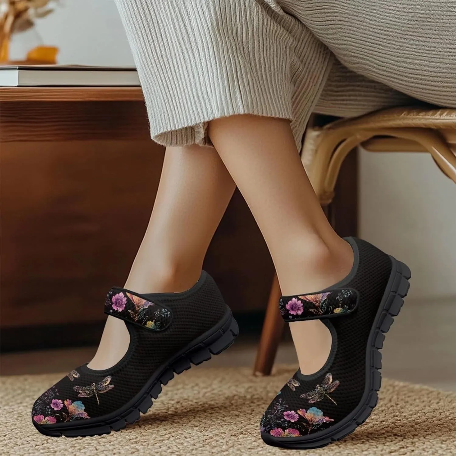 Jeiento Slip On Dragonfly Mary Jane Flats Ballet Flats Shoes for Women Round Toe Casual Dress