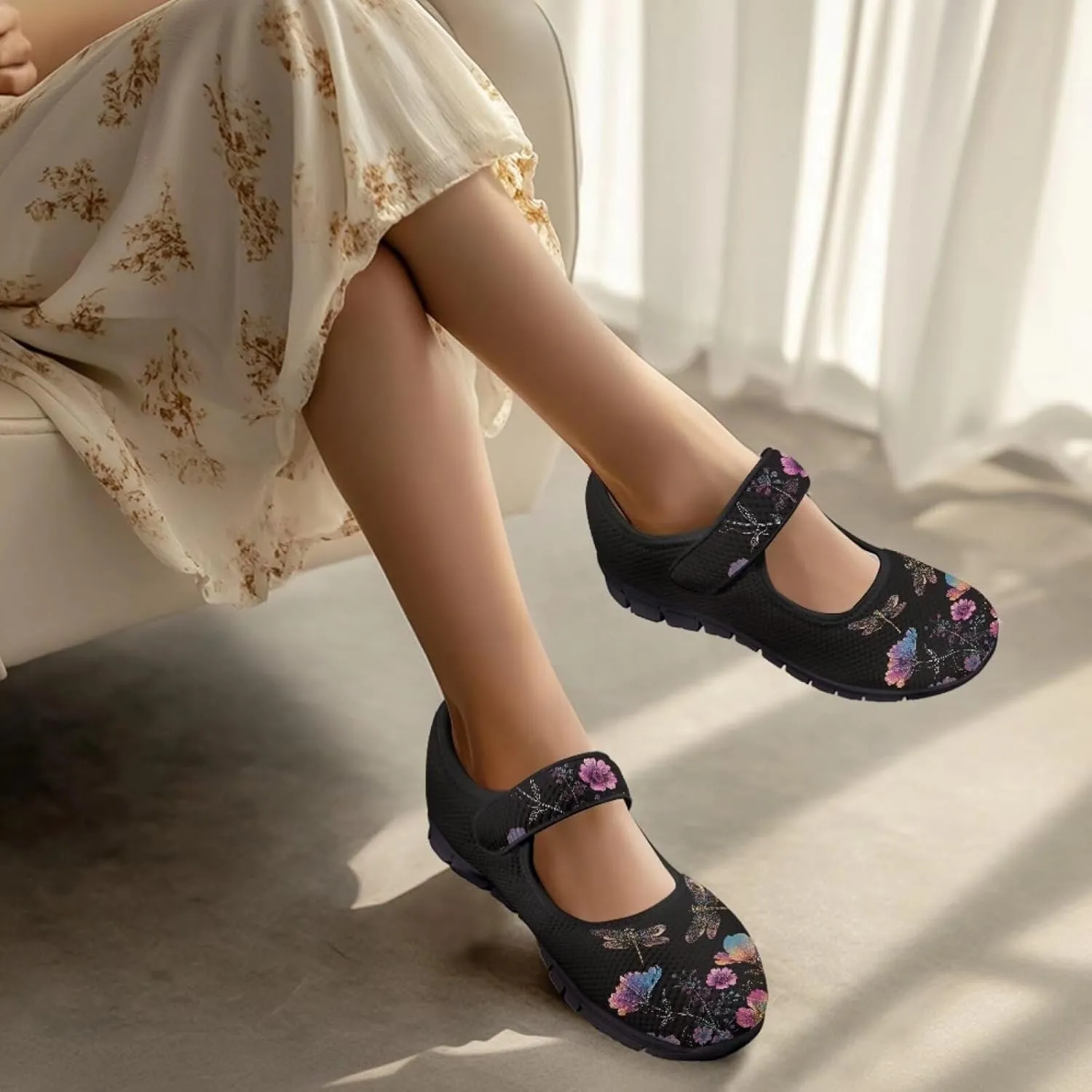 Jeiento Slip On Dragonfly Mary Jane Flats Ballet Flats Shoes for Women Round Toe Casual Dress