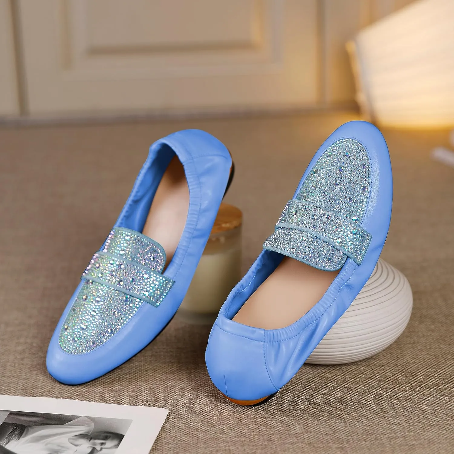 Joseywade Women's Ballet Flat Shoes Round Toe Slip On Rhinstone Walking Flats Cute Casual Low Comfort Soft Dress Shoes
