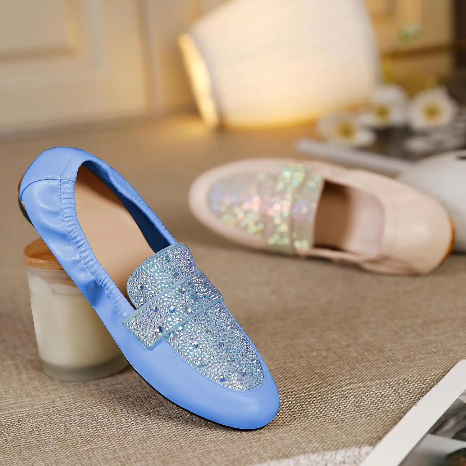 Joseywade Women's Ballet Flat Shoes Round Toe Slip On Rhinstone Walking Flats Cute Casual Low Comfort Soft Dress Shoes
