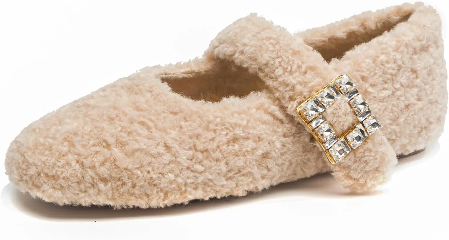 Kluolandi Women's Shearling Ballet Flats with Strap Warm Rabbit Fur Lined Crystal Buckle Mary Jane Flat Shoes