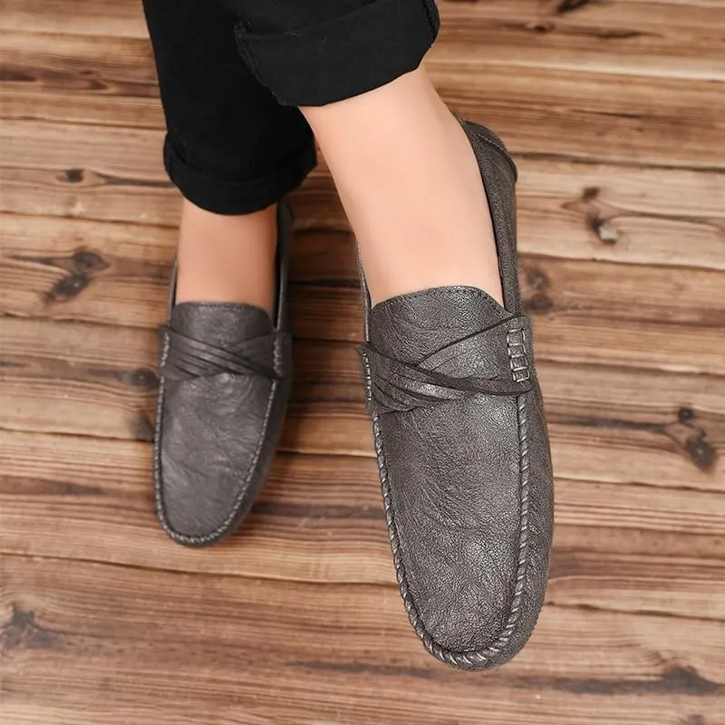 Loafers for Men Round Toe Vegan Leather Loafer Shoes Flat Heel Resistant Flexible Casual Slip On