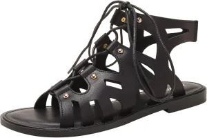 Lossarye Women's Leather Lace Up Flat Gladiator Sandals Comfortable Crisscross Non-Slip Beach Sandals Casual Dressy Roman Sandals