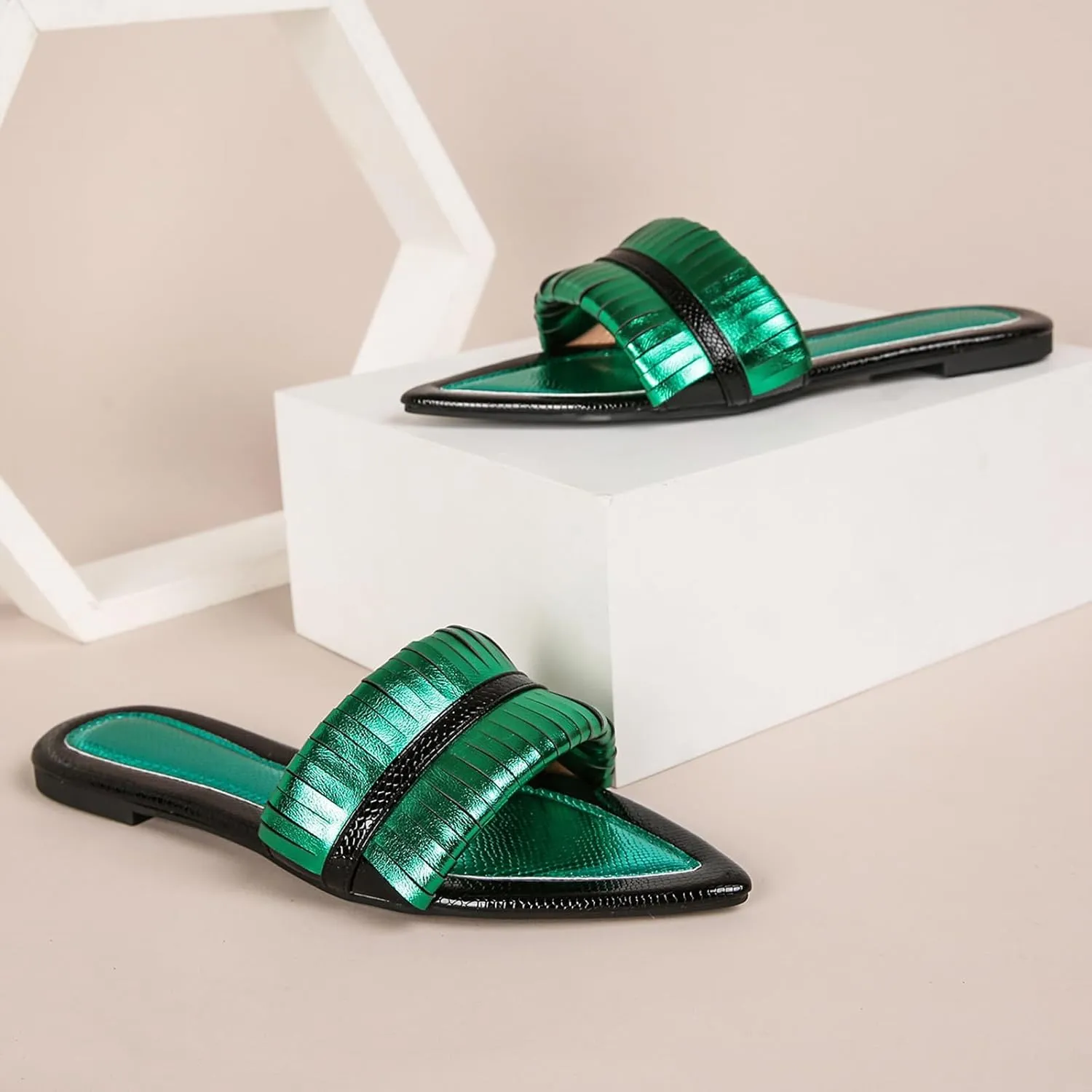 Lossarye Women's Metallic Leather Pointed Toe Flat Slide Sandals Open Toe Lightweight Non-slip Slip On Dressy Sandals
