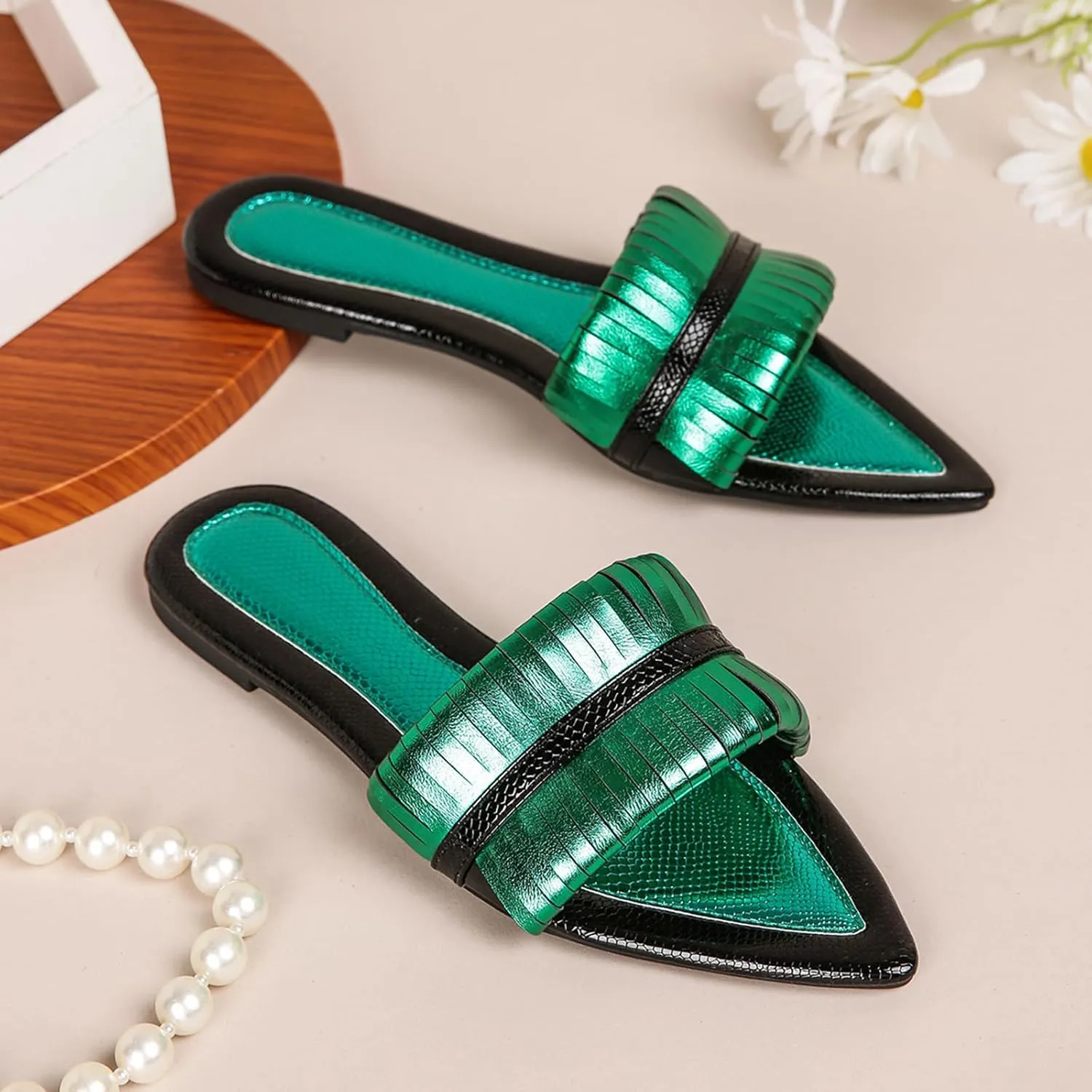 Lossarye Women's Metallic Leather Pointed Toe Flat Slide Sandals Open Toe Lightweight Non-slip Slip On Dressy Sandals
