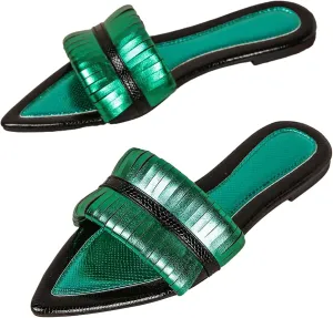 Lossarye Women's Metallic Leather Pointed Toe Flat Slide Sandals Open Toe Lightweight Non-slip Slip On Dressy Sandals