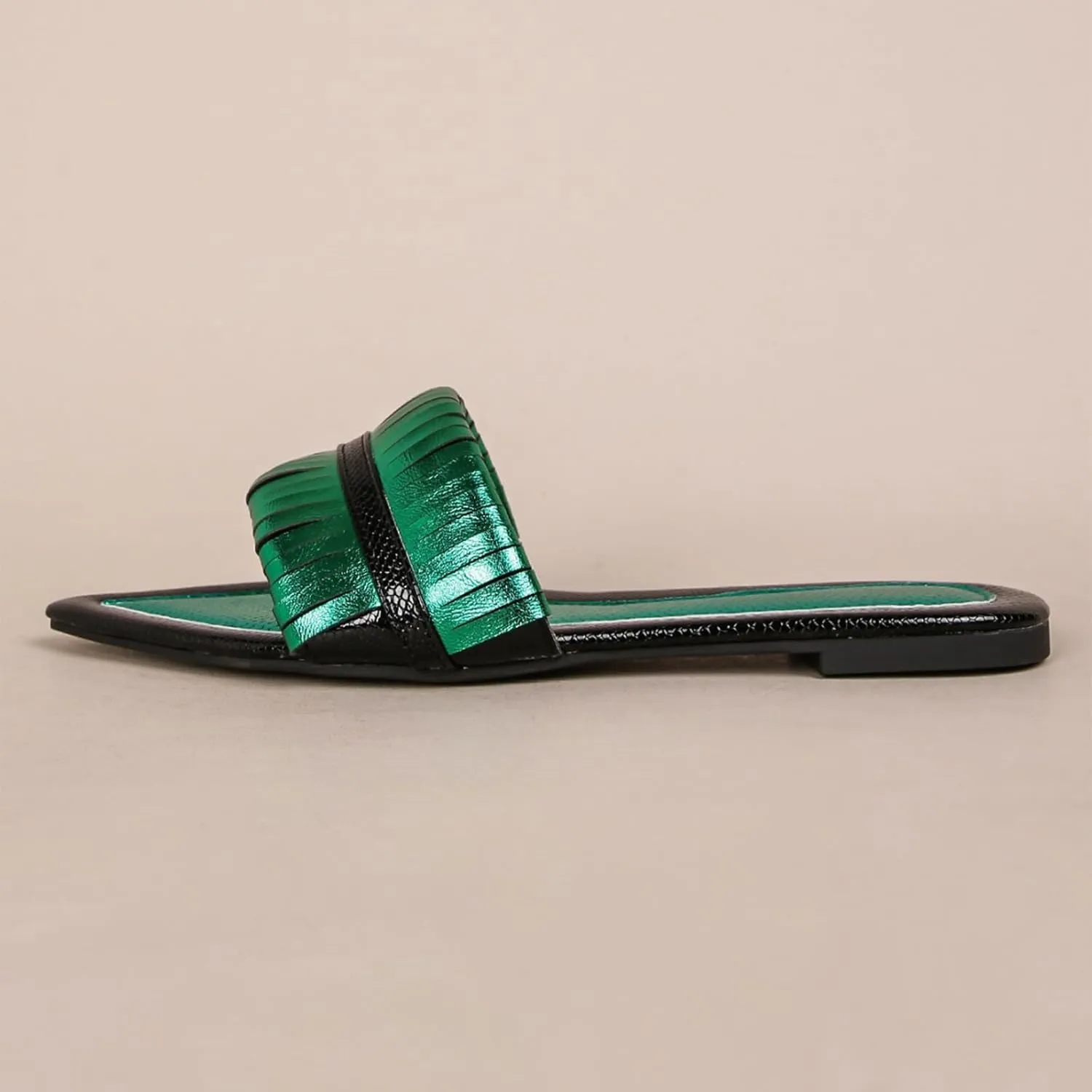 Lossarye Women's Metallic Leather Pointed Toe Flat Slide Sandals Open Toe Lightweight Non-slip Slip On Dressy Sandals
