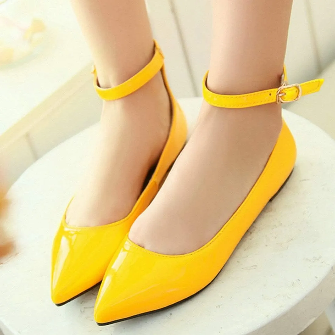 LUXMAX Womens Ankle Strap Ballet Flats Patent Leather Pointy Toe Pumps