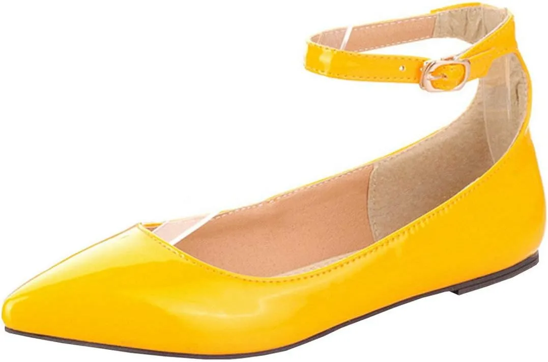 LUXMAX Womens Ankle Strap Ballet Flats Patent Leather Pointy Toe Pumps