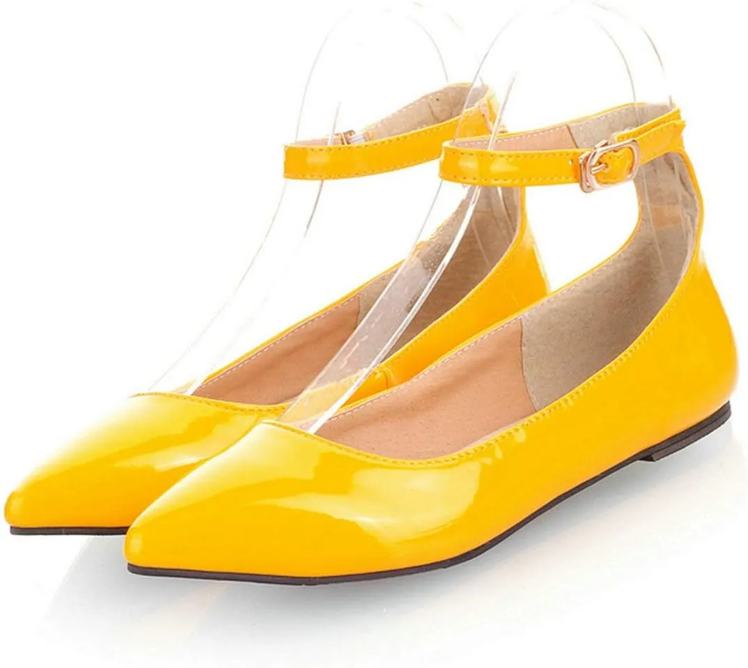 LUXMAX Womens Ankle Strap Ballet Flats Patent Leather Pointy Toe Pumps