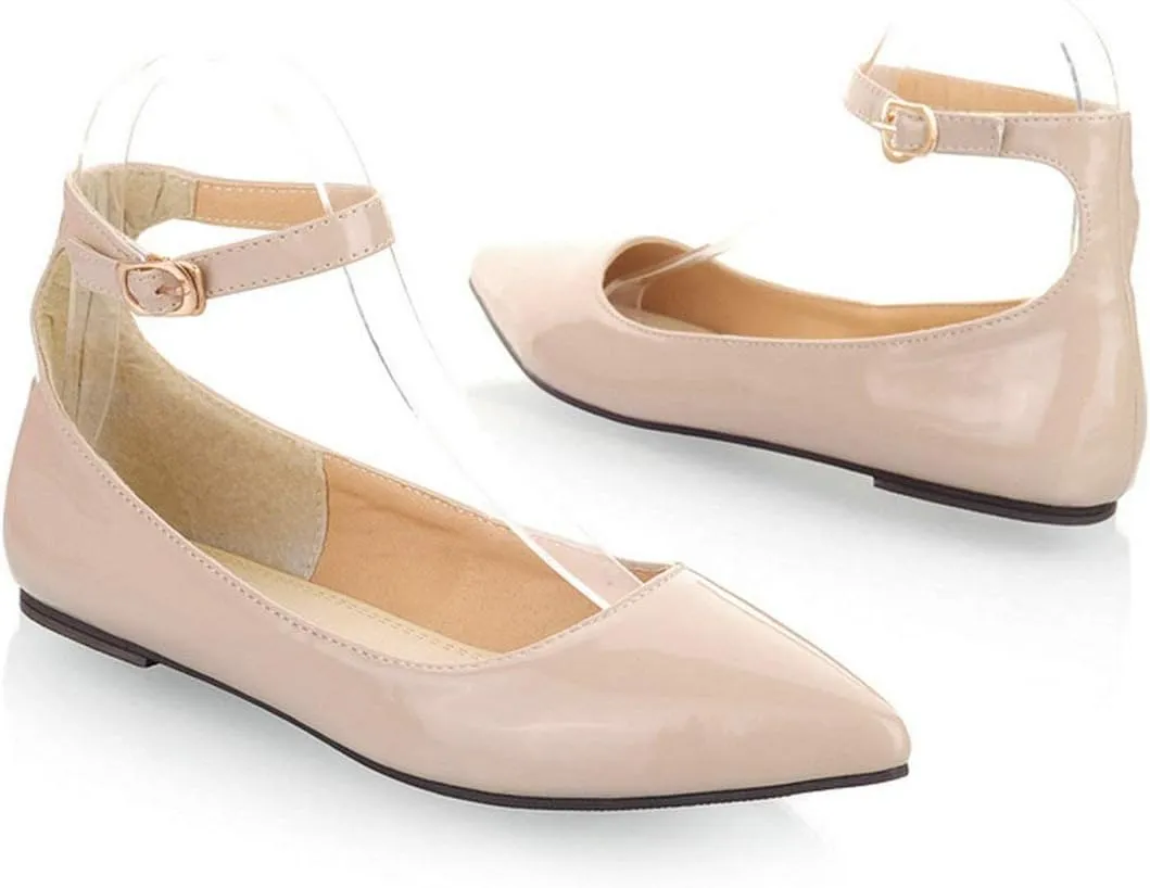 LUXMAX Womens Ankle Strap Ballet Flats Patent Leather Pointy Toe Pumps