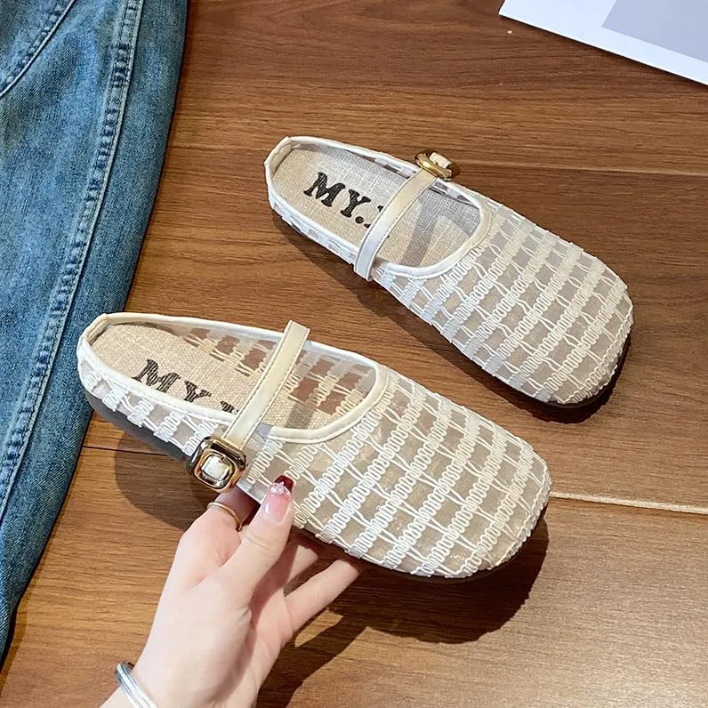 MAIITRIP Women's Mesh Closed-Toe Backless Non-Slip Ballet Flats with Adjustable Strap-Breathable,Dressy Slip-on Mary Jane Style,Comfortable for Casual Daily Outdoor Wear mules-Trendy Summer Footwear