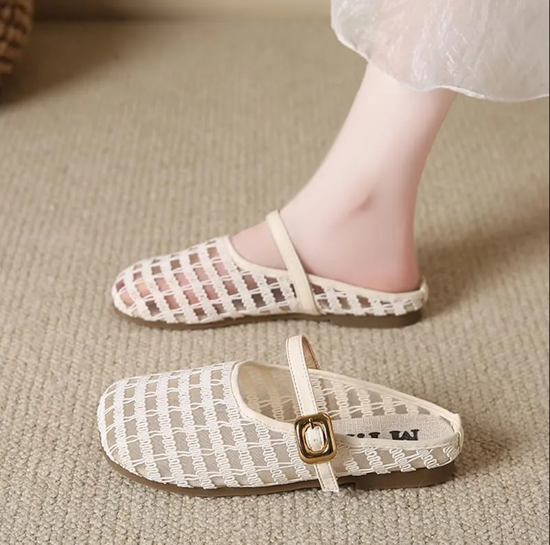 MAIITRIP Women's Mesh Closed-Toe Backless Non-Slip Ballet Flats with Adjustable Strap-Breathable,Dressy Slip-on Mary Jane Style,Comfortable for Casual Daily Outdoor Wear mules-Trendy Summer Footwear