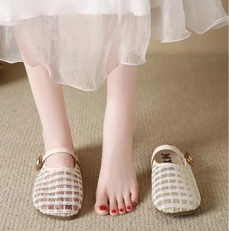 MAIITRIP Women's Mesh Closed-Toe Backless Non-Slip Ballet Flats with Adjustable Strap-Breathable,Dressy Slip-on Mary Jane Style,Comfortable for Casual Daily Outdoor Wear mules-Trendy Summer Footwear