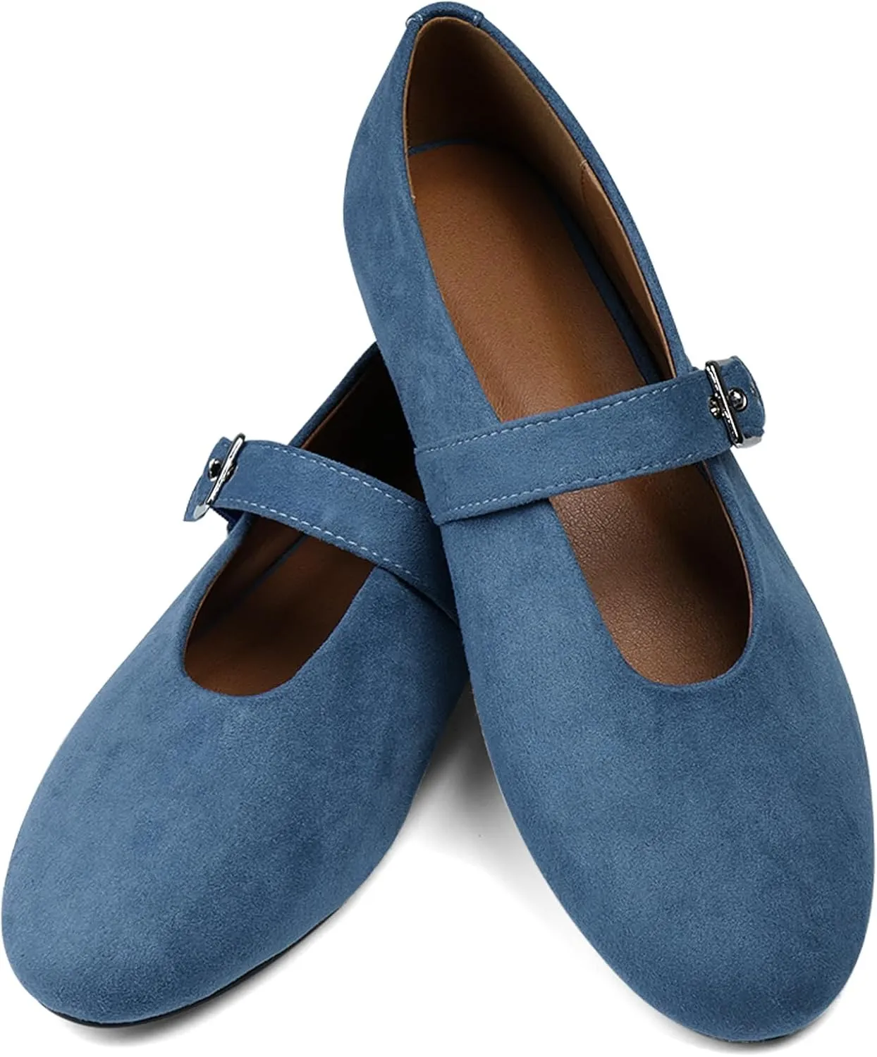 Mary Jane Ballet Flats for Women Buckle Strap Round Toe Suede Wide Width Flats Casual Ballerina Shoes