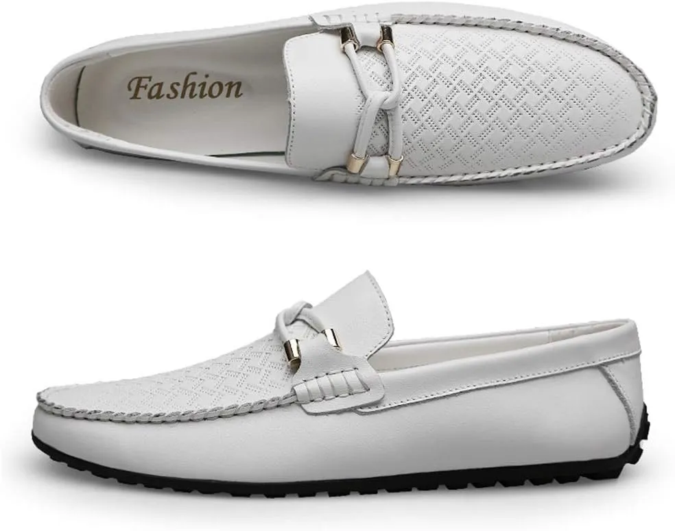 Men's Genuine Leather Slip On Penny Loafers Casual Light-Weight Breathable Embossed Shoes Vegan Knot Anti Slip Flat Round Toe