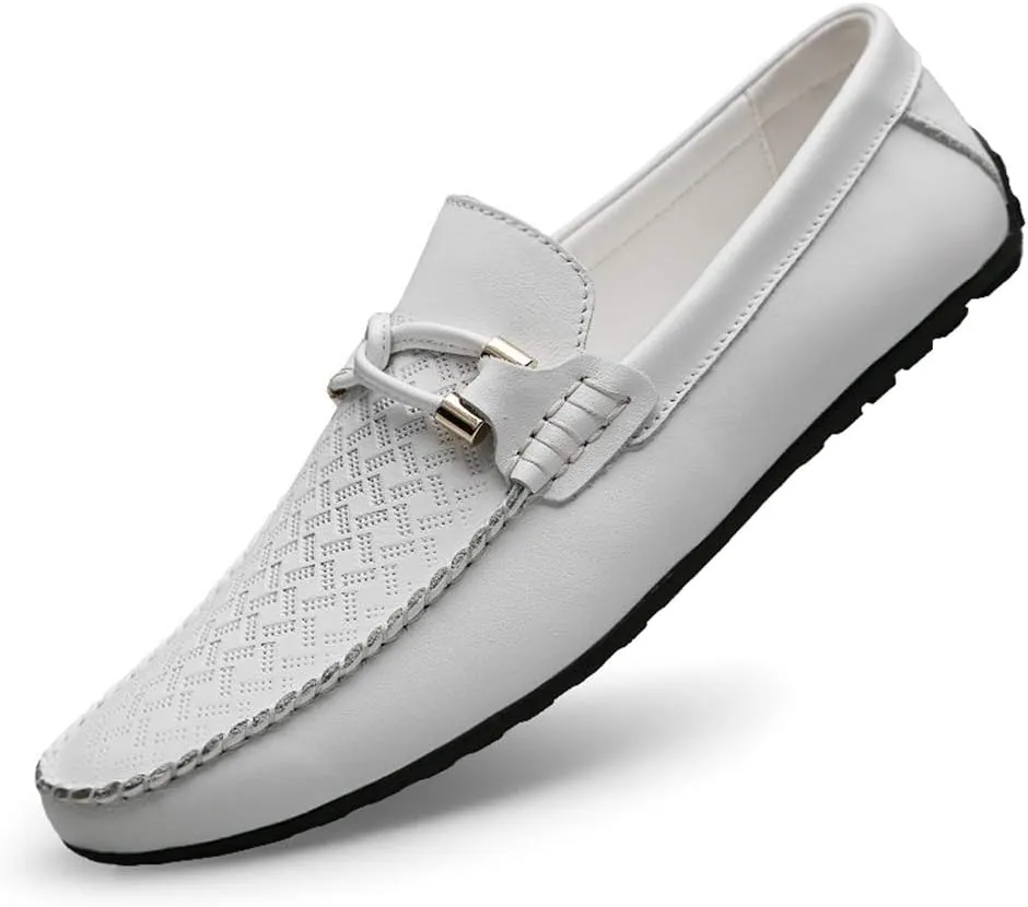 Men's Genuine Leather Slip On Penny Loafers Casual Light-Weight Breathable Embossed Shoes Vegan Knot Anti Slip Flat Round Toe