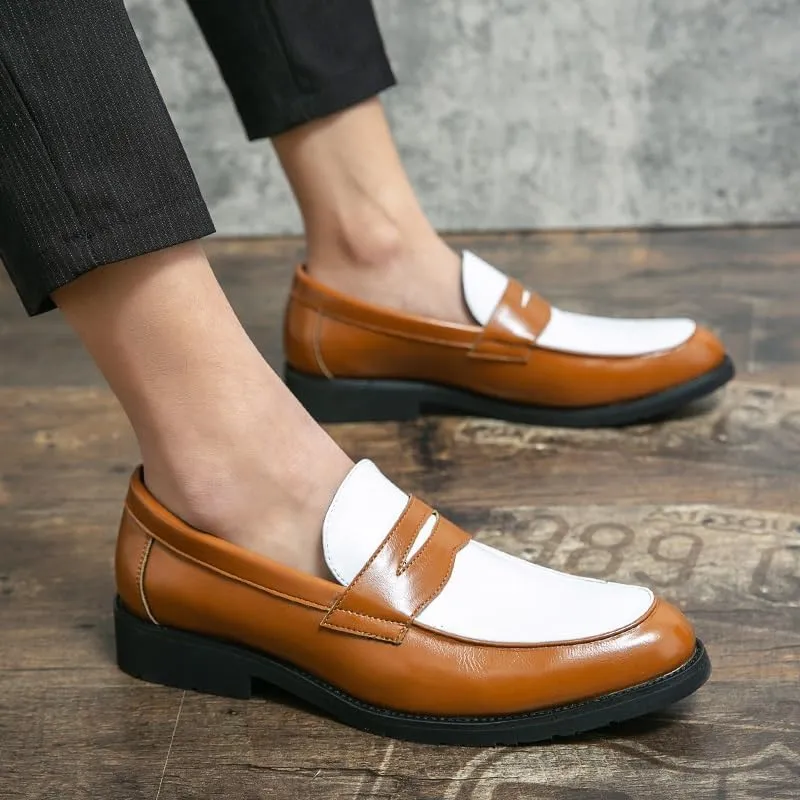 Men's Loafers Round Toe Vegan Leather Two Tone Penny Loafers Flat Heel Anti-Slip Resistant Party Slip On
