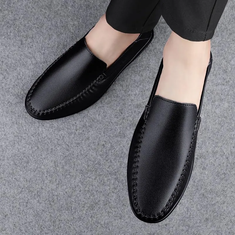 Mens Loafers Shoe Round Toe Solid Color Vegan Leather Loafer Shoes Flat Heel Resistant Comfortable Prom Slip On
