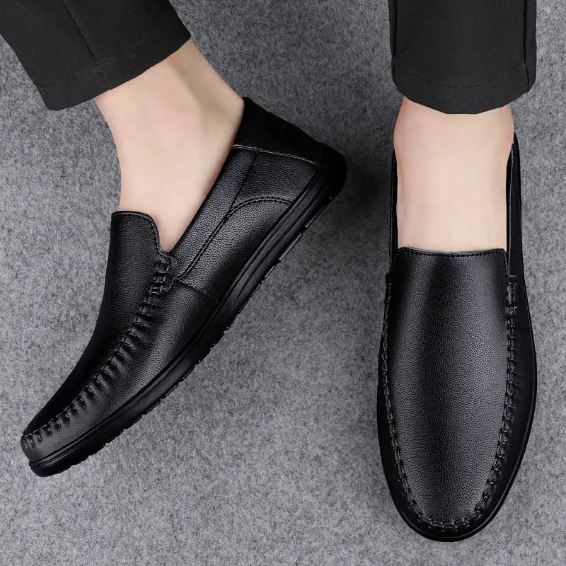 Mens Loafers Shoe Round Toe Solid Color Vegan Leather Loafer Shoes Flat Heel Resistant Comfortable Prom Slip On