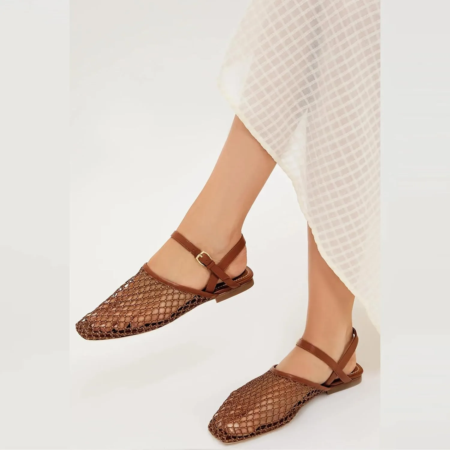 Mesh Ballet Flats for Women Slingback Flats Round Toe Mary Jane Flat Fishnet Ballerina Shoes Comfortable Casual with Buckle Strap