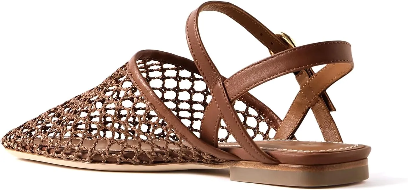 Mesh Ballet Flats for Women Slingback Flats Round Toe Mary Jane Flat Fishnet Ballerina Shoes Comfortable Casual with Buckle Strap