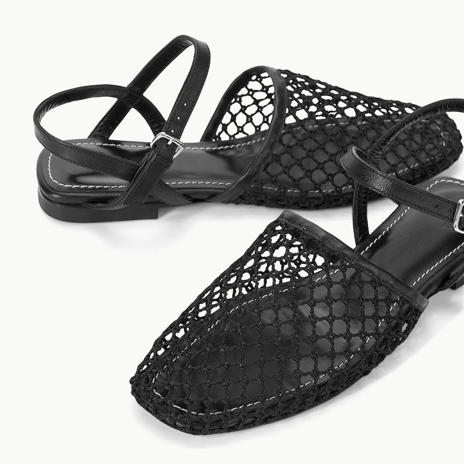 Mesh Ballet Flats for Women Slingback Flats Round Toe Mary Jane Flat Fishnet Ballerina Shoes Comfortable Casual with Buckle Strap