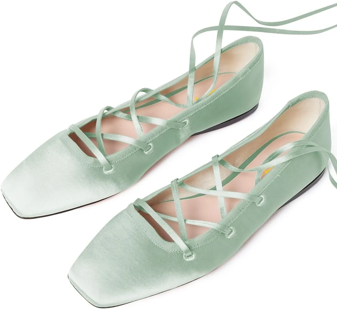 Milooey shoes Women's Square Toe Strappy Ballet Flats Comfort Lace Up Flats Shoes for Party Prom Dress Daily Size 4-16 US