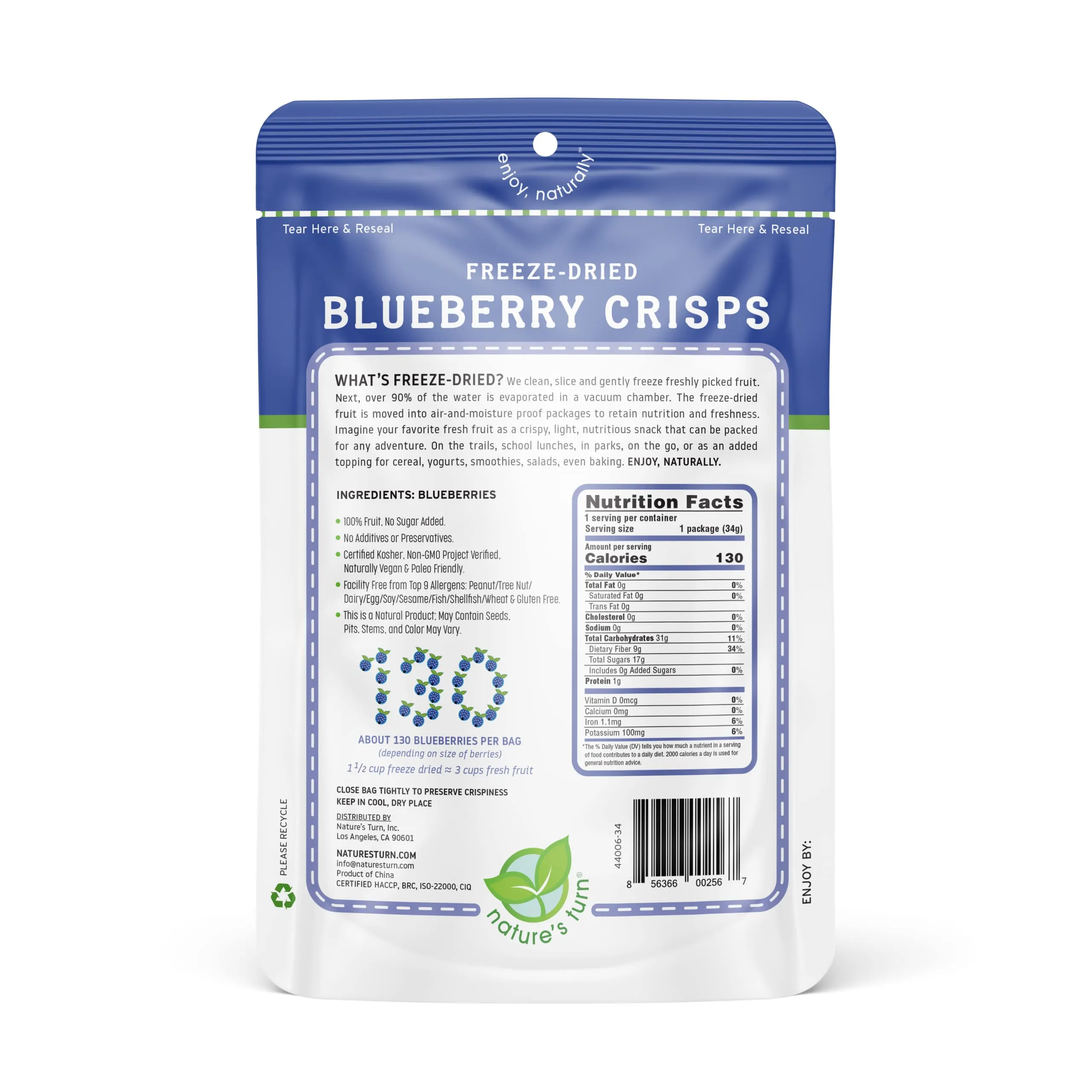 Nature’s Turn Freeze-Dried Fruit Snacks, Blueberry Crisps - Pack of 6 (1.2 oz Each)