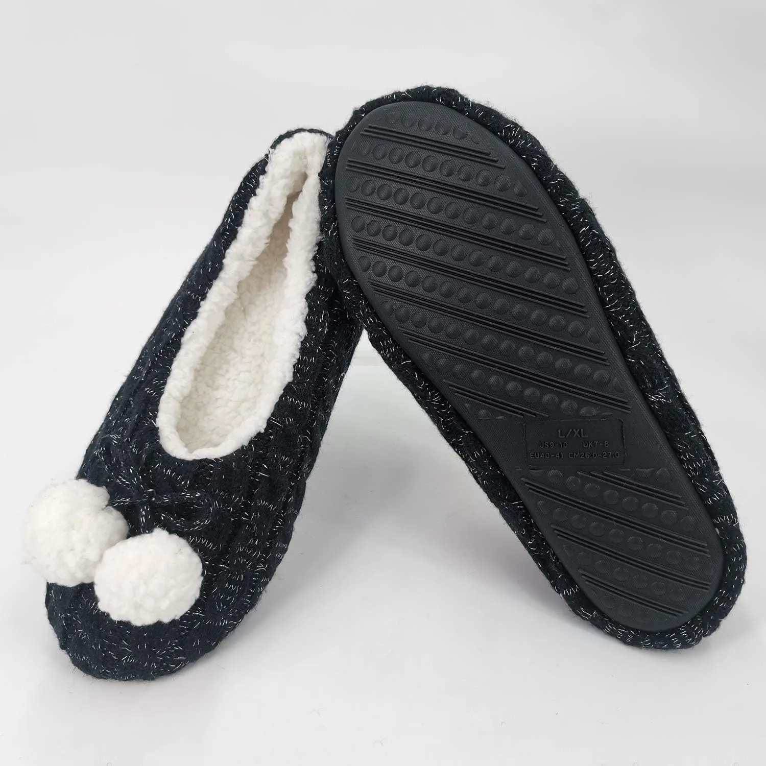 ofoot Womens Indoor Warm Knit House Shoes,Ballerina Slipper Socks,Washable Ballet Style Flats,Soft Soled Non Slip Rubber Bottom with Grips