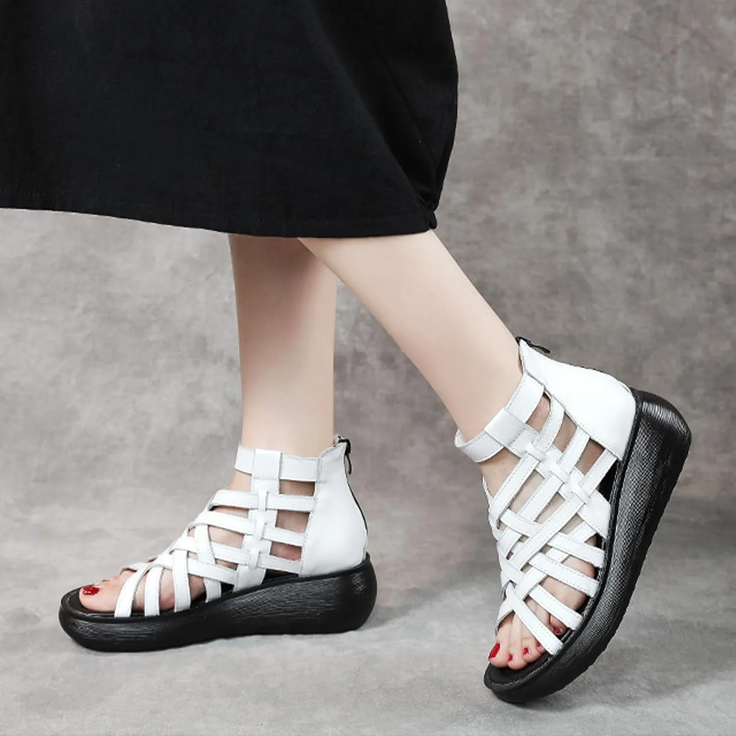 Optigard Women's High Top Leather Gladiator Wedge Sandals with Back Zipper Cut Out Breathable Platform Open Toe Roman Sandals Summer Casual Non-Slip Walking Beach Sandals
