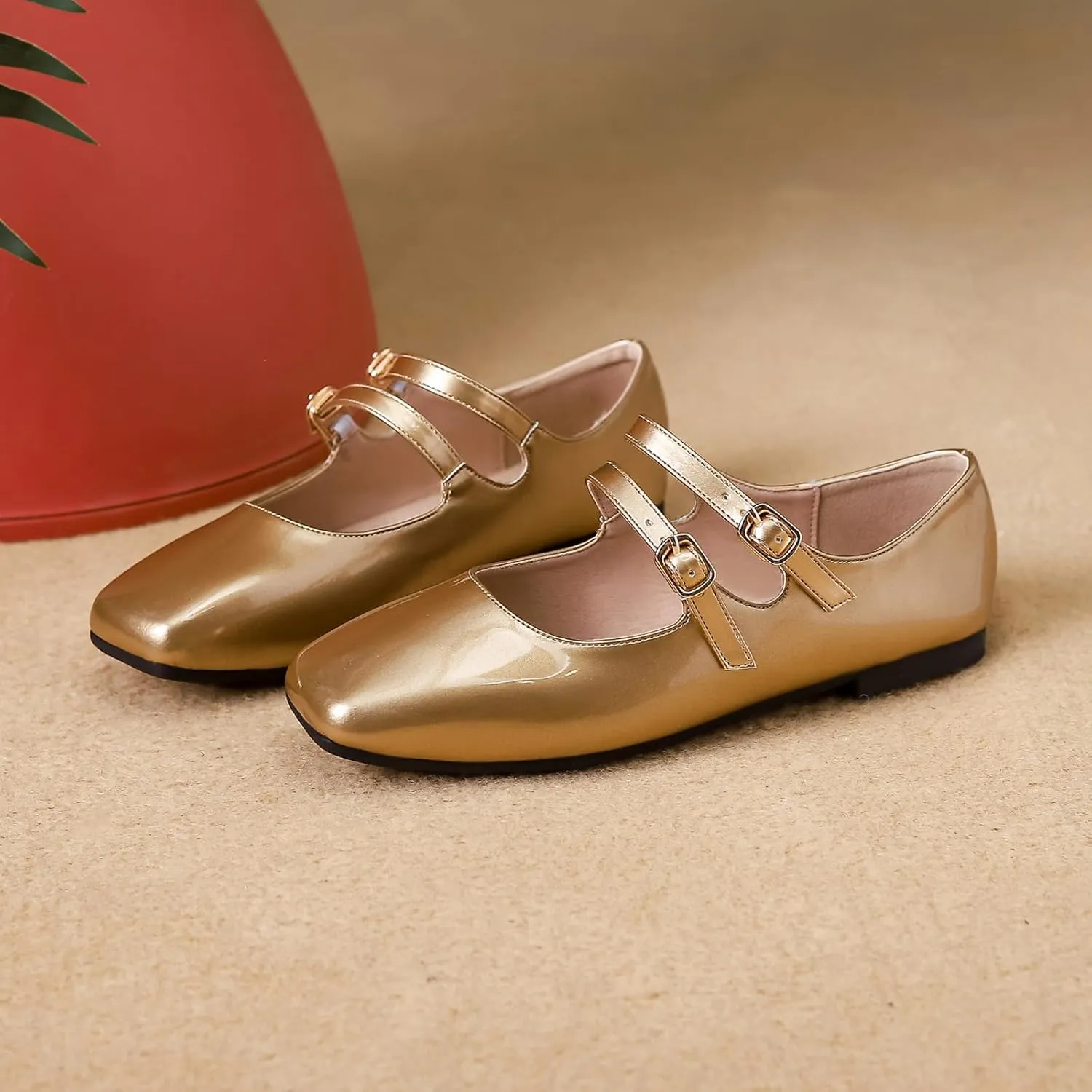 Optigard Women's Patent Leather Mary Jane Flats Comfortable Square Toe Adjustable Double Strap Flat Dress Shoes