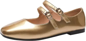 Optigard Women's Patent Leather Mary Jane Flats Comfortable Square Toe Adjustable Double Strap Flat Dress Shoes