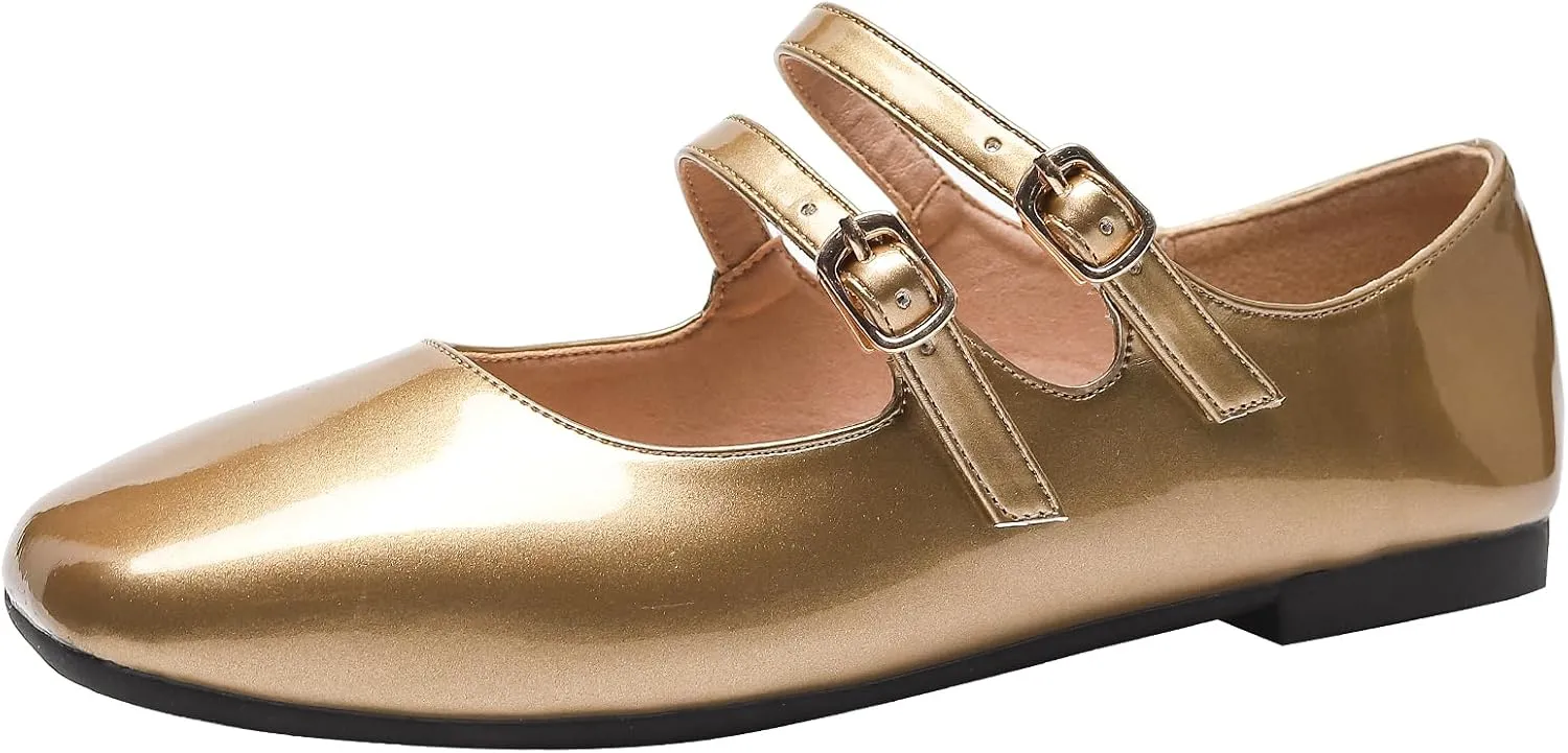 Optigard Women's Patent Leather Mary Jane Flats Comfortable Square Toe Adjustable Double Strap Flat Dress Shoes