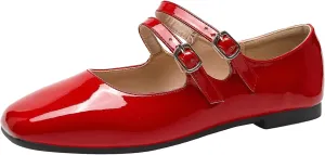 Optigard Women's Patent Leather Mary Jane Flats Comfortable Square Toe Adjustable Double Strap Flat Dress Shoes