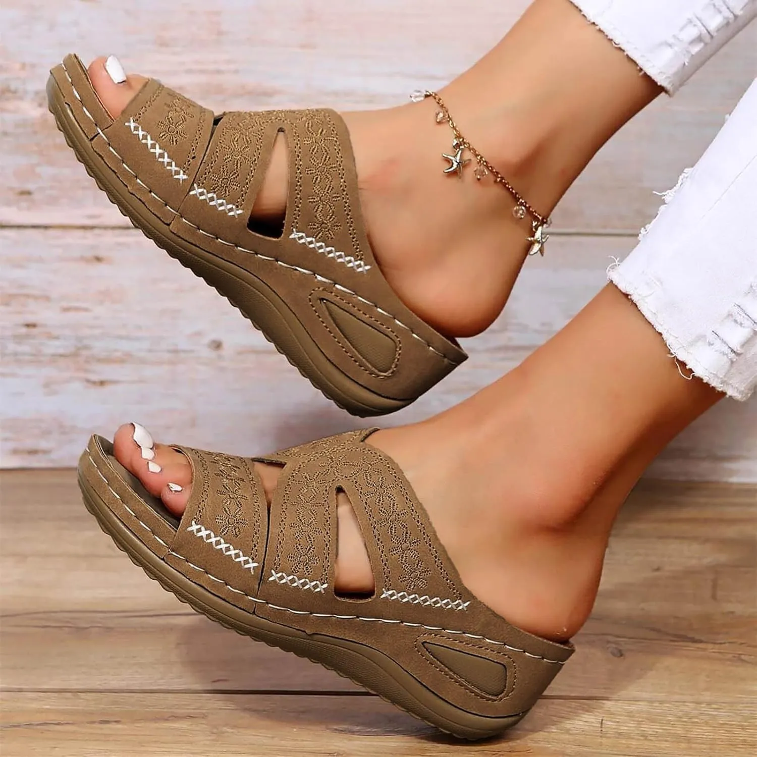 Orthopedic Sandals for Women Dressy Slide Sandals Slip On Open Toe Soft Feetbed Flats Sandal for Summer Slippers Shoes