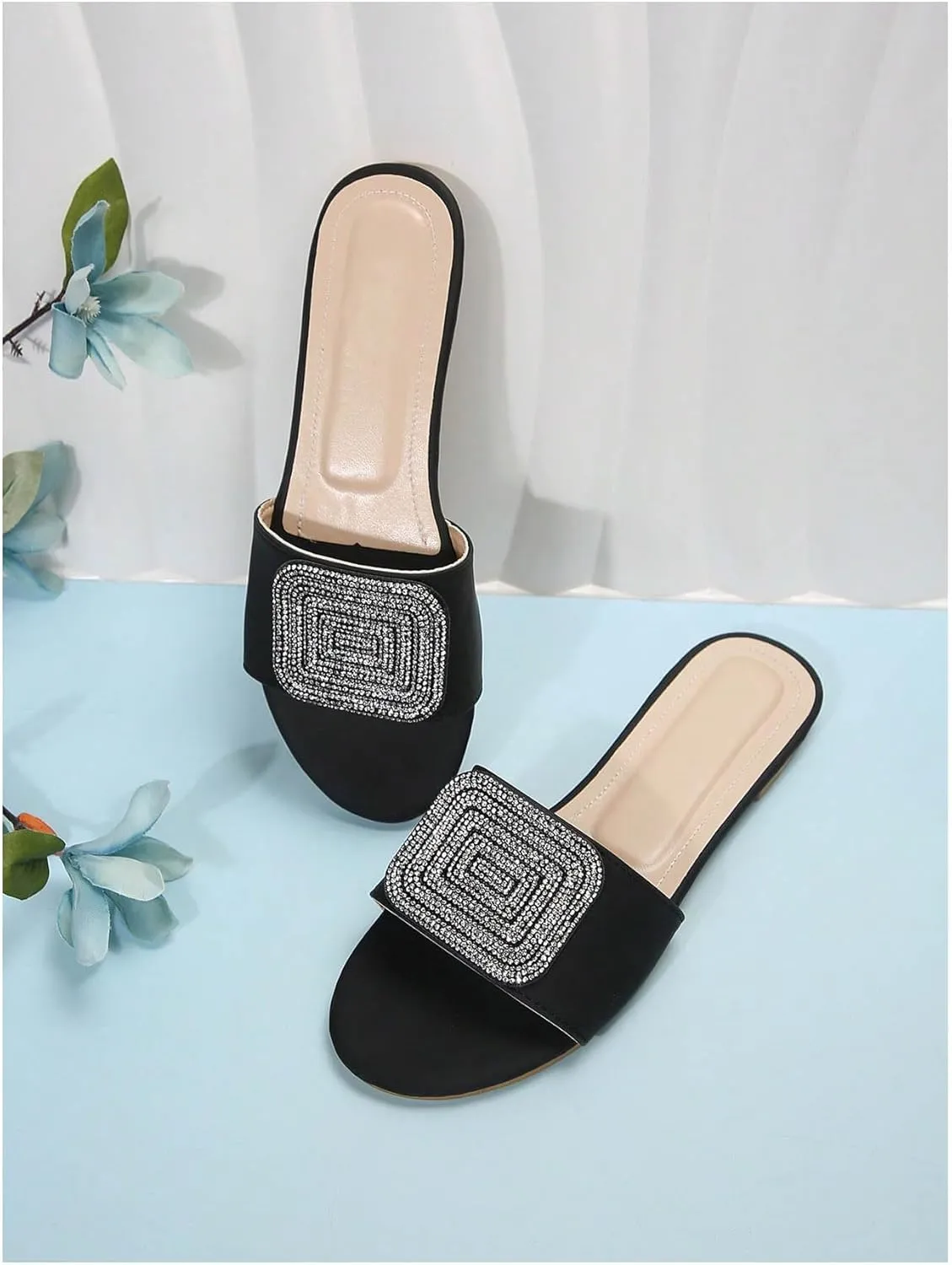 OYOANGLE Women's Leather Rhinestone Sandals Open Toe Slip On Flats Glitter Casual Outdoor Slides