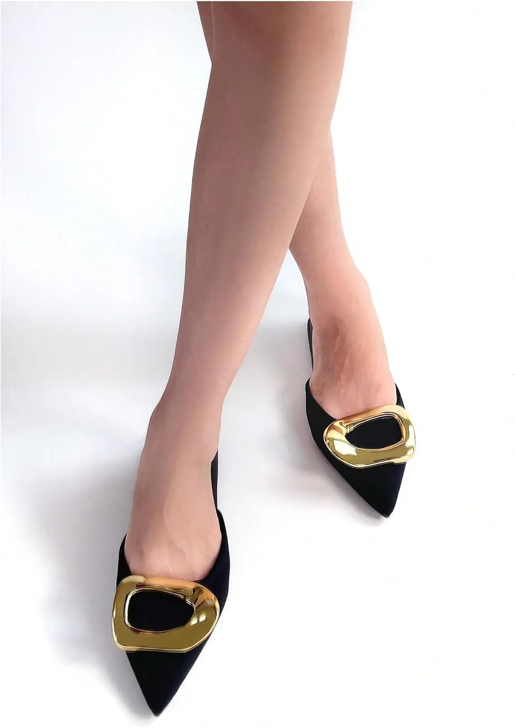 OYOANGLE Women's Metal Decor Flats Pointed Toe Slip On Backless Elegant Mule Shoes