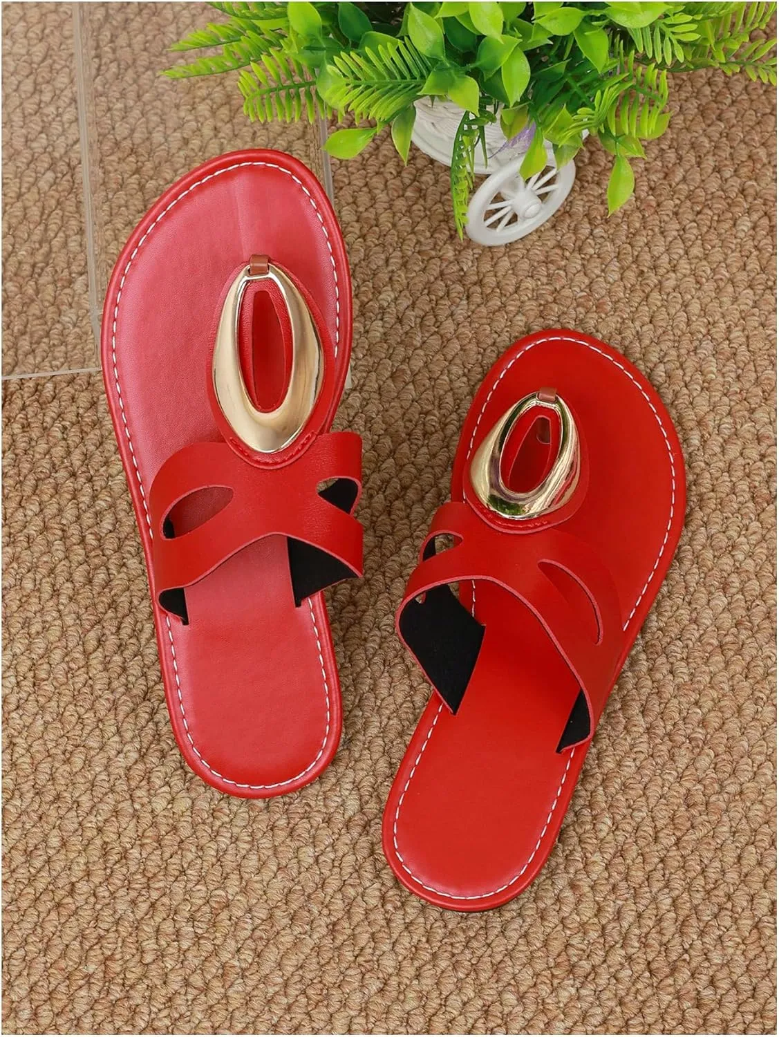 OYOANGLE Women's Metal Decor Leather Thong Sandals Open Toe Slip on Flat Sandal Casual Flip Flops