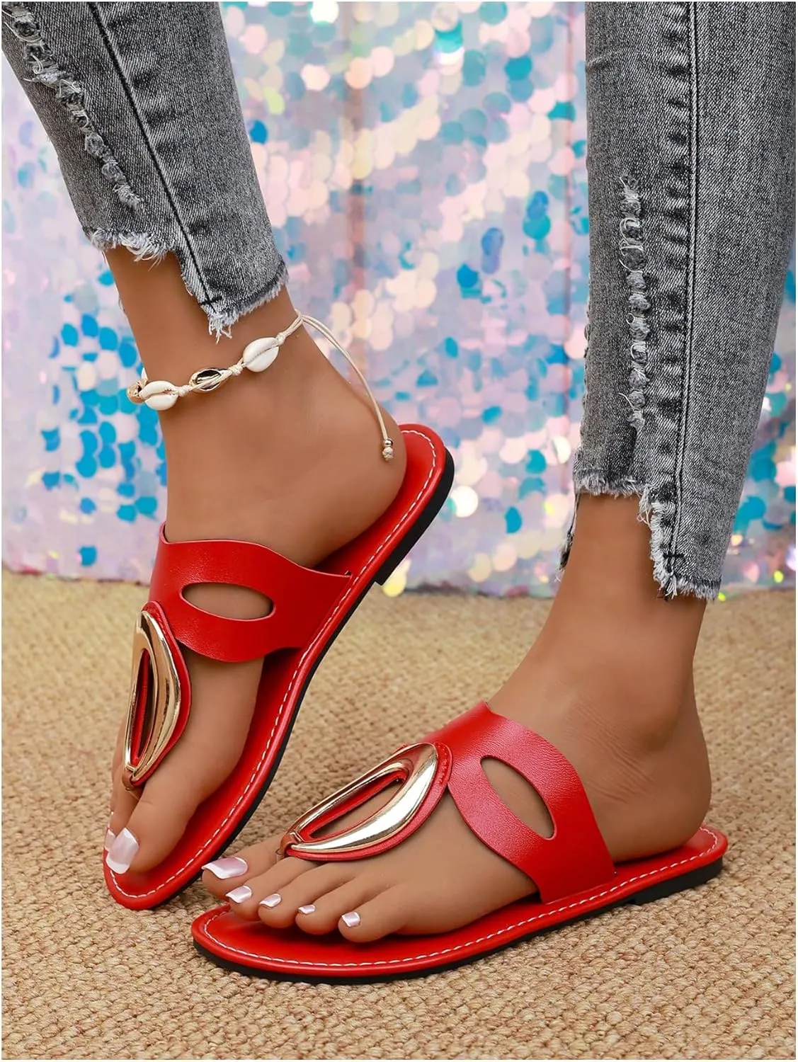OYOANGLE Women's Metal Decor Leather Thong Sandals Open Toe Slip on Flat Sandal Casual Flip Flops