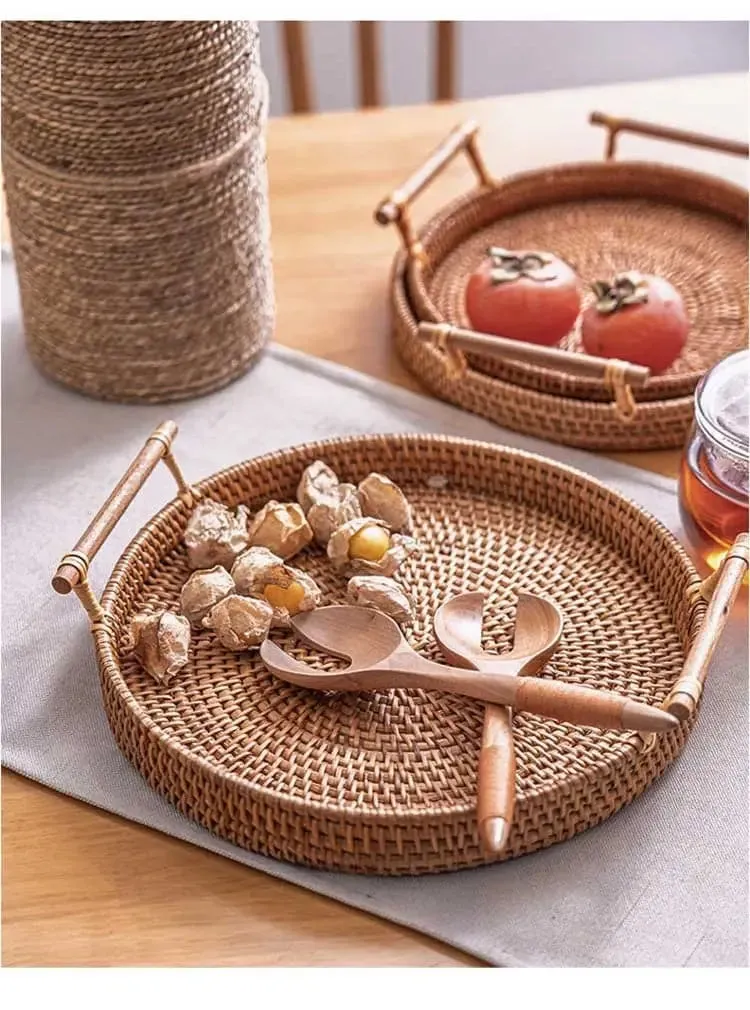 Rattan storage tray with wooden handle