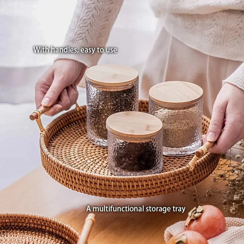 Rattan storage tray with wooden handle