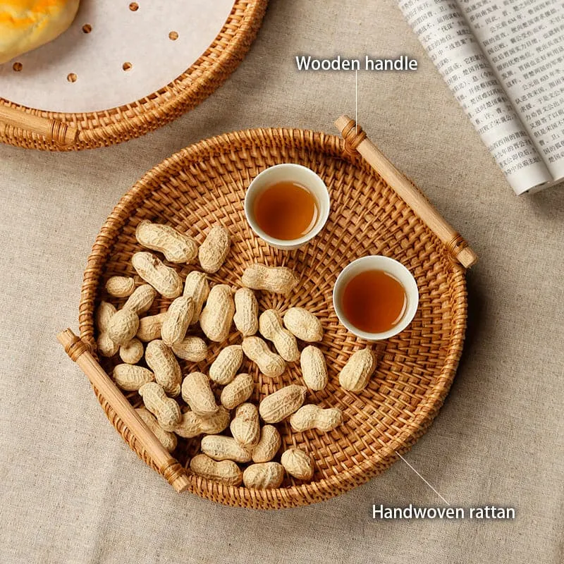 Rattan storage tray with wooden handle