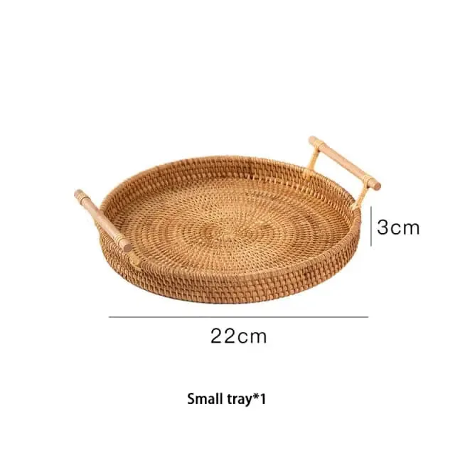 Rattan storage tray with wooden handle