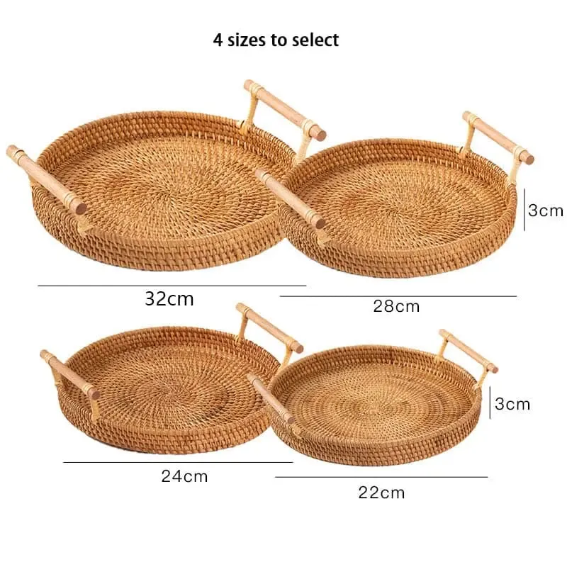 Rattan storage tray with wooden handle