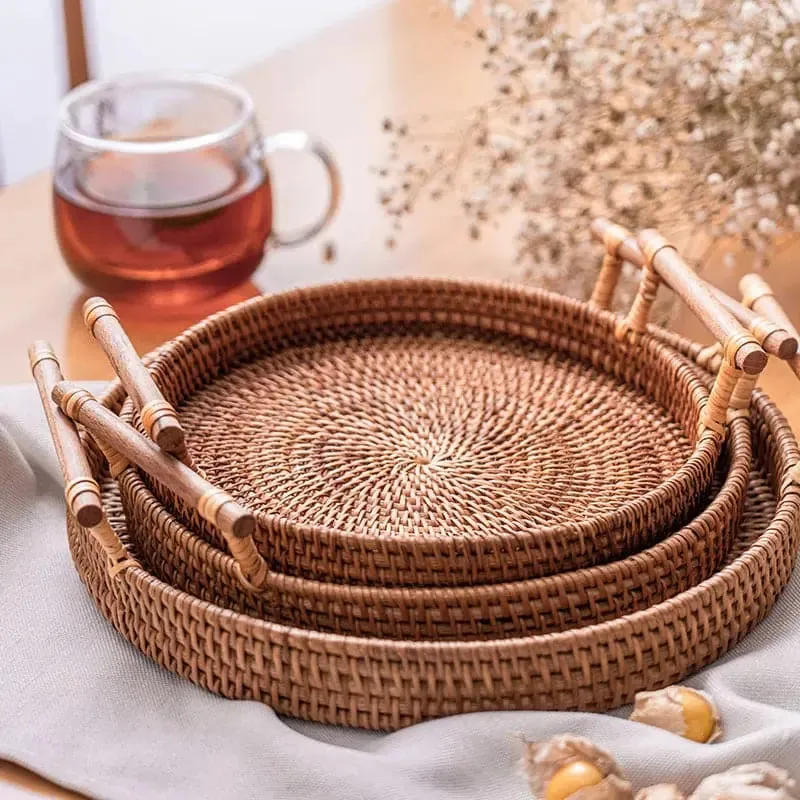 Rattan storage tray with wooden handle