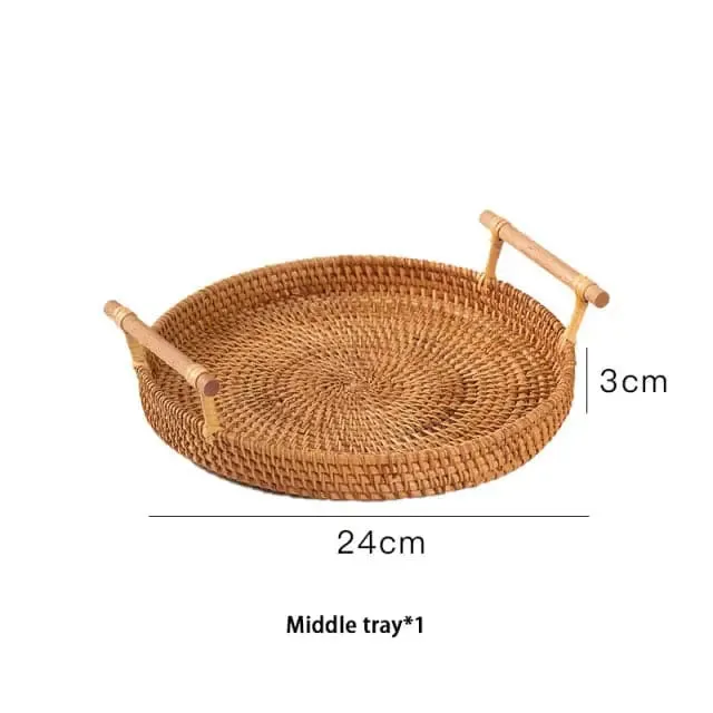 Rattan storage tray with wooden handle
