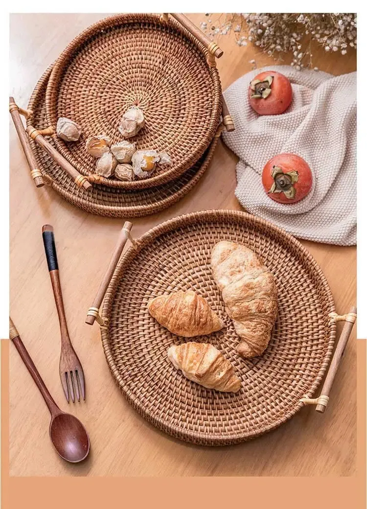 Rattan storage tray with wooden handle
