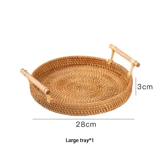 Rattan storage tray with wooden handle