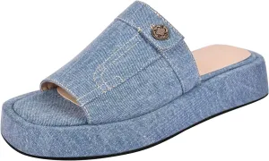 richealnini Slip On Slippers Comfort Low Platform Heels Open Square Toe Denim Slide Sandals Outside Dress Shoes